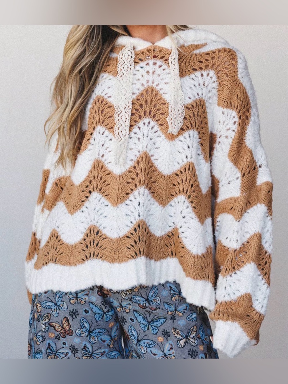 NWOT POL $108 Oversized Bohemian Wavy Open Knit Hoodie Lace Drawstring size L